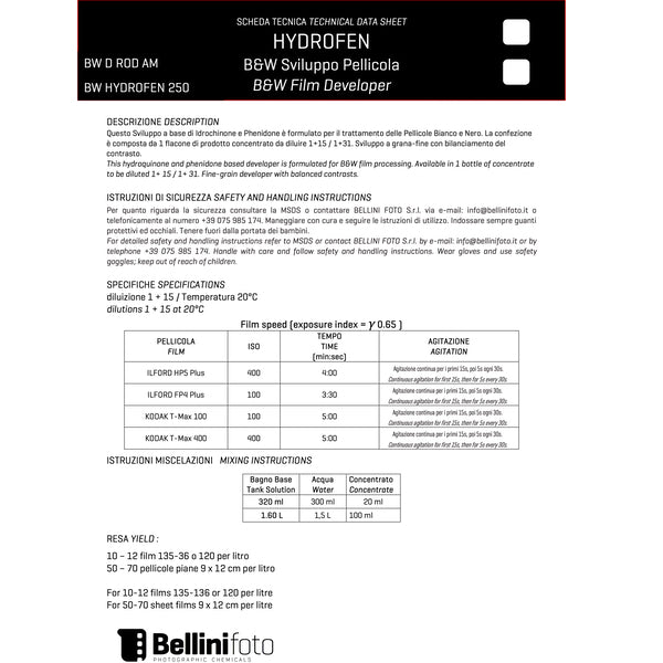 Bellini Hydrofen B&W Film Sviluppo 100ml Bellini Hydrofen B&W Film Sviluppo 100ml